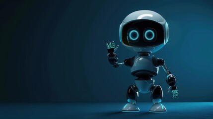 Small futuristic humanoid robot standing waving friendly on dark blue background, AI generated image