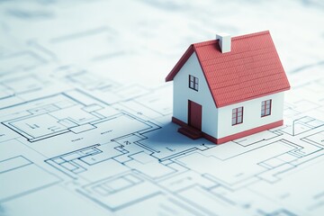 A Small House Model Positioned on a Detailed Architectural Blueprint with Soft Lighting, Representing Home Design and Planning Concepts for Real Estate and Construction Projects