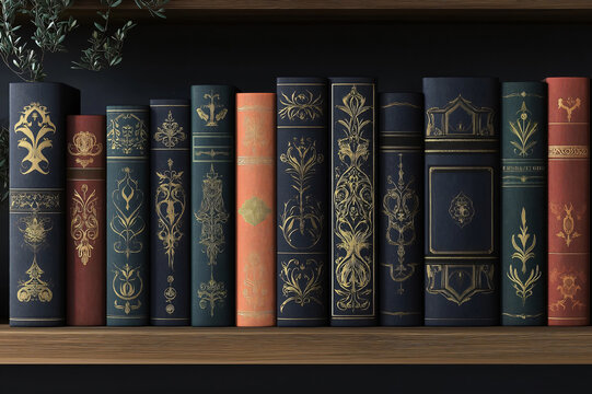 Row of customizable books with elegant golden ornaments stands on a wooden shelf, creating a sophisticated and vintage atmosphere