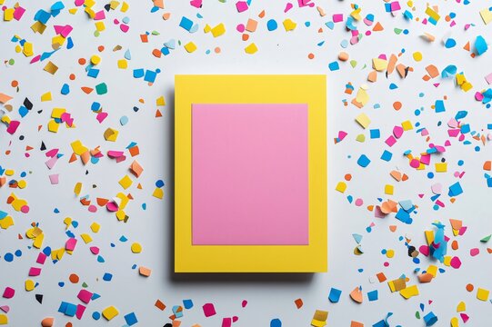 Pink and yellow customizable birthday invitation card mockup displaying on white background with colorful confetti