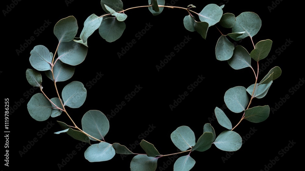 Poster eucalyptus leaves arranged in a circular pattern on a black background creating a natural and soothi