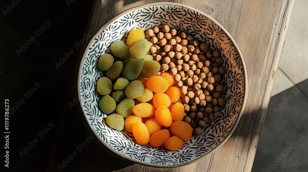 Poster bowl of dried apricots green apricots and apricot kernels displayed with intricate white patterned d