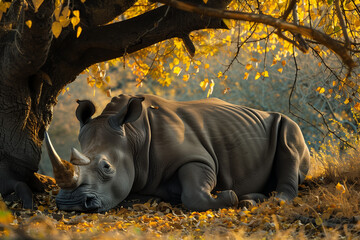 A rhinoceros resting under the shade of an ancient tree, with leaves gently falling around its massive frame. - Powered by Adobe