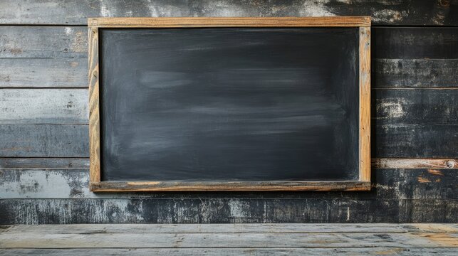 Empty rustic wooden chalkboard framed in aged wood against a weathered black wall ideal for educational or creative concepts.