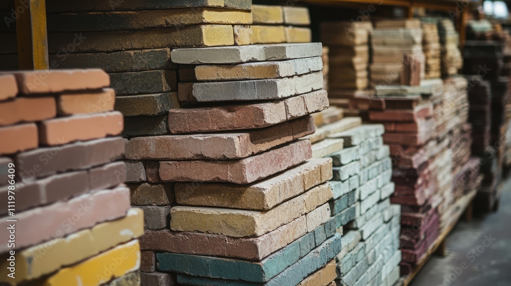 Poster faded colorful bricks neatly stacked in a storage area demonstrating texture and design for construc