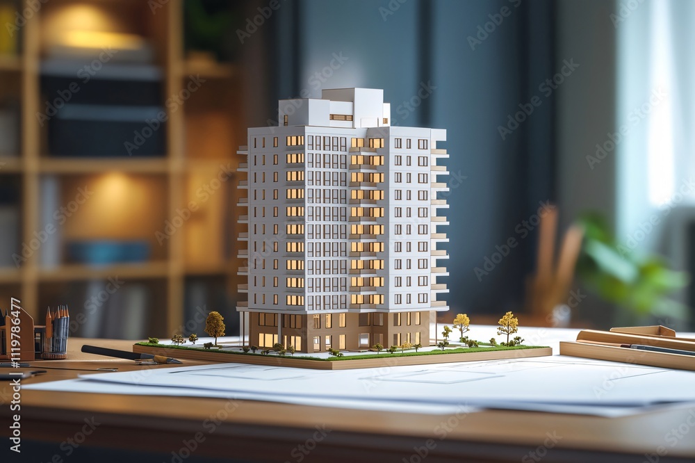 Aufkleber lighted scale model of a contemporary multi story residential building sits on an architect's desk, 