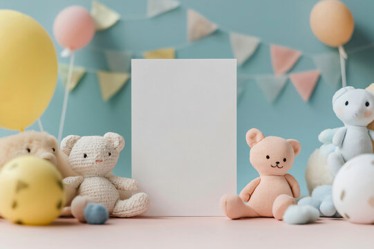Customizable baby shower invitation card mockup displayed with teddy bears and balloons on a pastel background