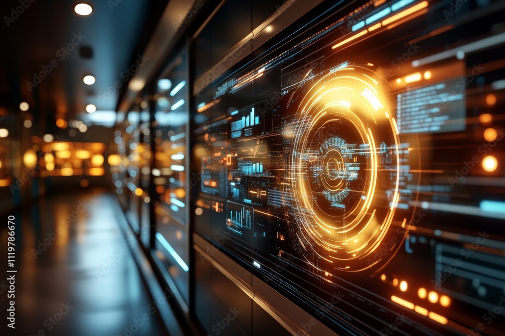 Poster futuristic digital interface with glowing elements in a modern workspace setting