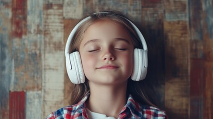 Girl enjoying music with closed eyes wearing white wireless headphones against a rustic wooden...