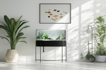 Stylish, minimalist interior featuring a modern fish tank, lush plants, and a framed fish print, creating a tranquil and relaxing atmosphere