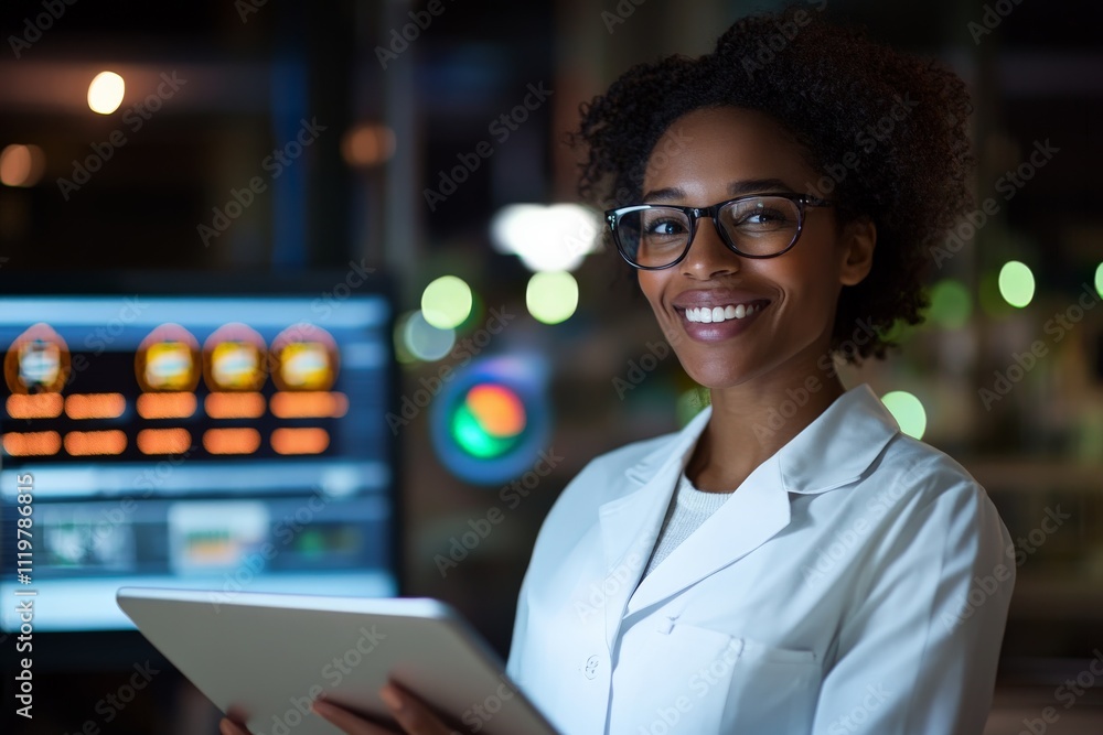 Aufkleber smiling woman in a lab coat using a tablet in a modern laboratory setting at night