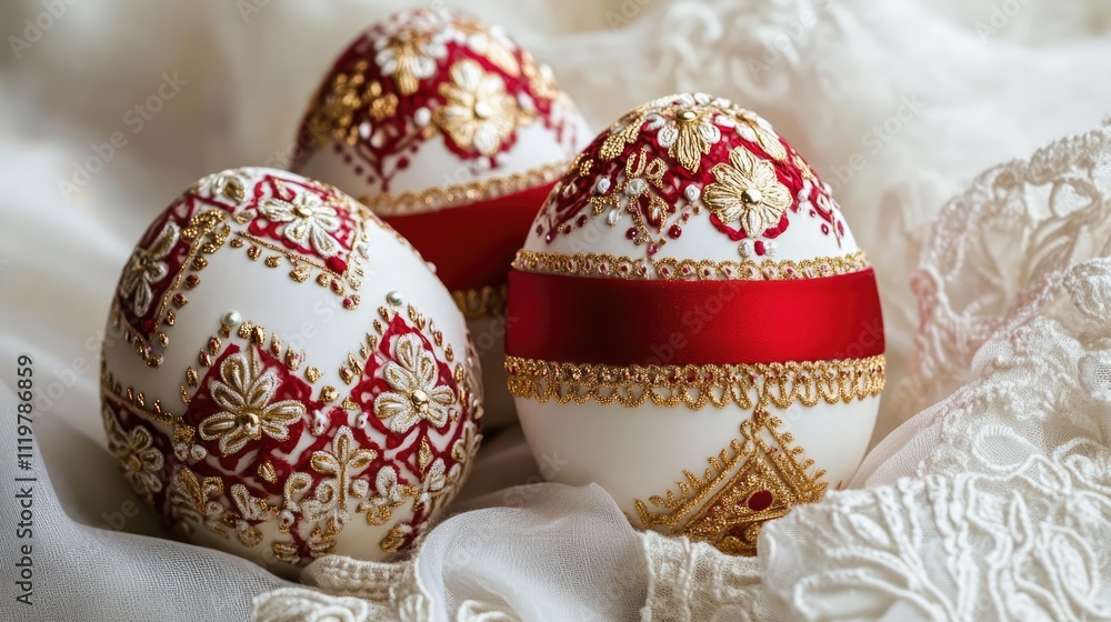 Aufkleber decorative easter eggs uniquely designed with red bands and intricate patterns on a soft white backg