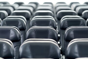 Fototapeta premium Rows of black leather seats on an airplane interior