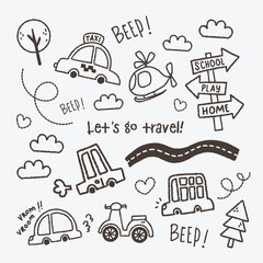 Set of cute kawaii doodle vehicles illustration for kids' travel, featuring a collection of adorable transportation designs
