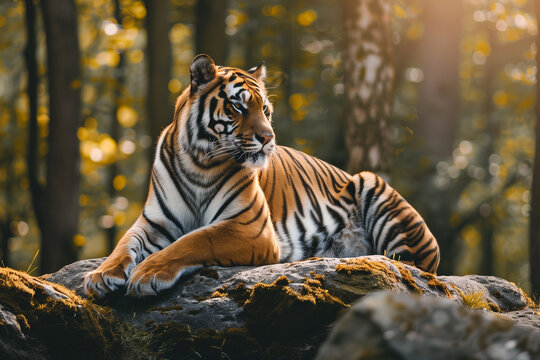 A tiger resting on a sunlit rock in the middle of a forest, its muscular body relaxed as it basks in the warm rays of the sun. - Powered by Adobe