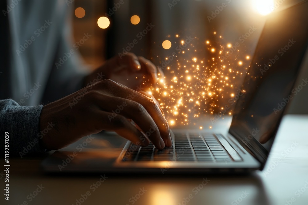 Aufkleber creating digital magic: hands typing on laptop with glowing sparkles in a cozy workspace