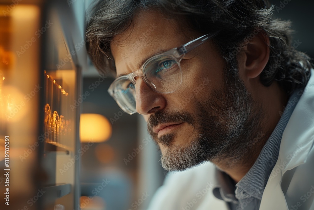 Poster scientist focuses intently on research in laboratory setting during evening hours