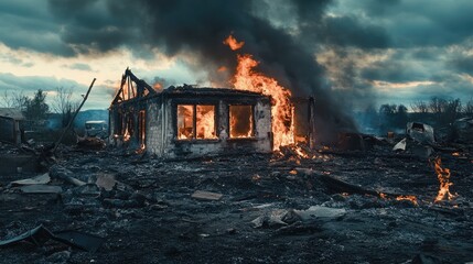 Ravaged by Flames Devastated House in Charred Landscape Surrounded by Smoke and Ashes