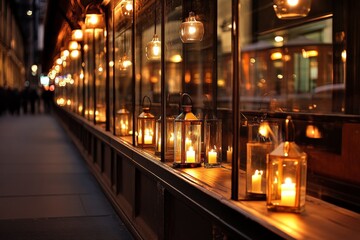 Warm lanterns illuminate a cozy street in the evening near bustling shops