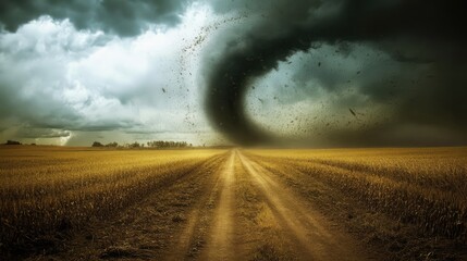 Driving along a dirt road through wheat and corn fields under a looming tornado storm with dramatic dark clouds and swirling winds.