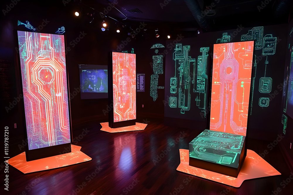 Poster futuristic interactive displays in a dark room, showcasing glowing circuit patterns and anatomical s