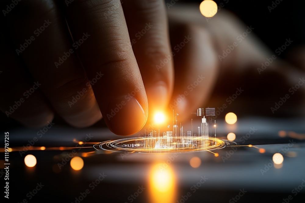 Poster fingers interacting with digital data visualization on a keyboard in a dark environment