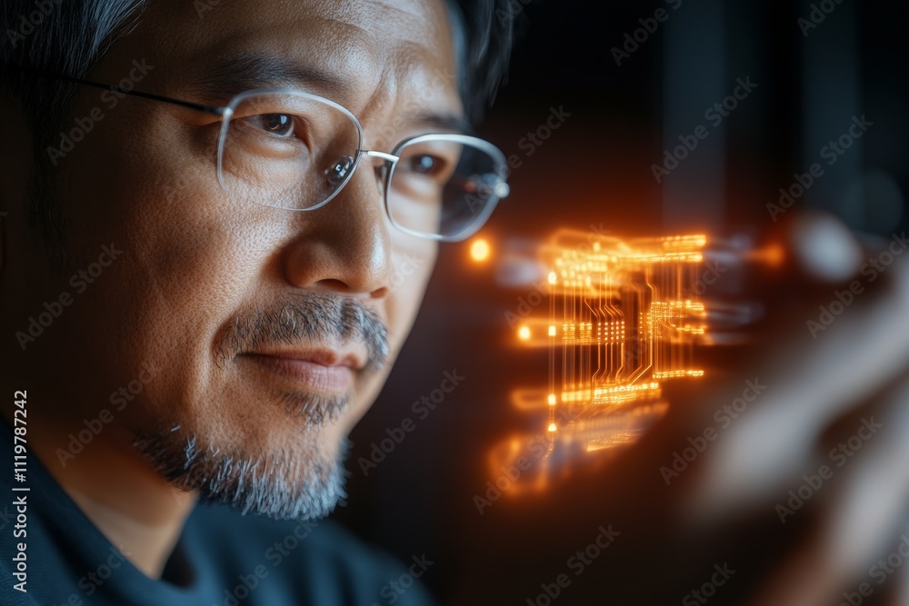 Poster tech expert examines intricate circuit board design in a dimly lit workspace showcasing innovation a