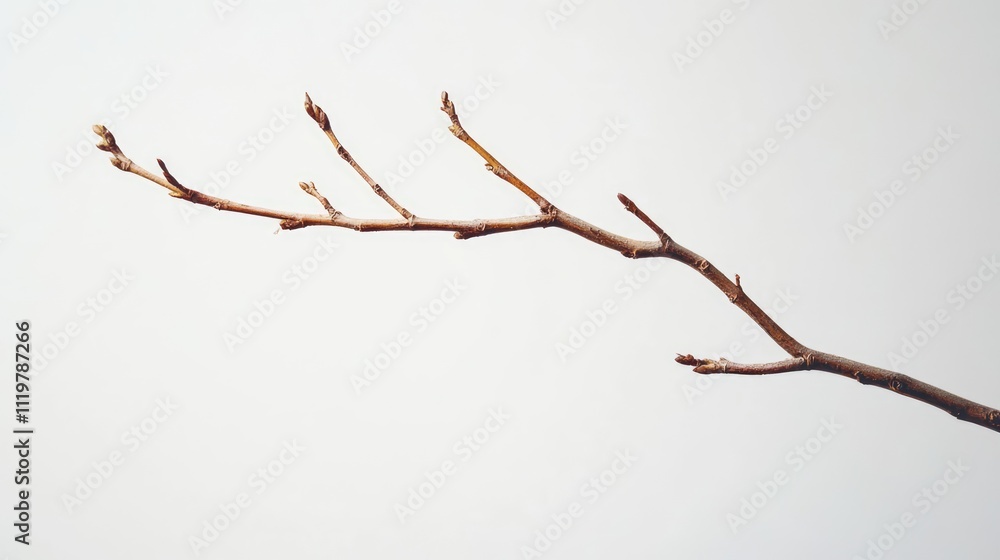 Poster close up studio image of a dry twig with budding branches against a minimalist white background show