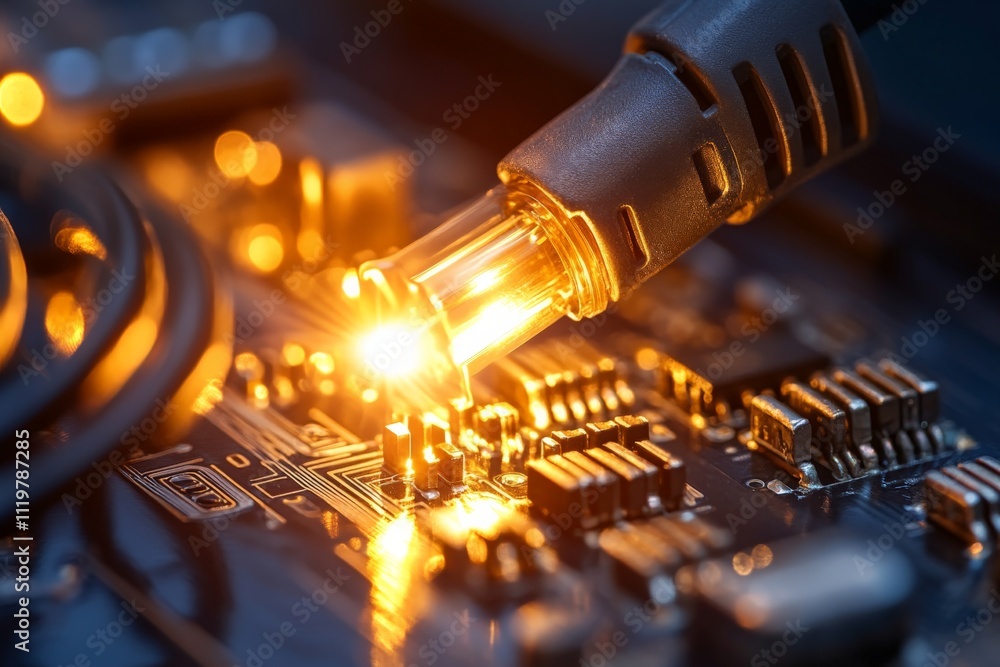 Aufkleber close-up view of a network cable connecting to a circuit board in a technology environment during ev
