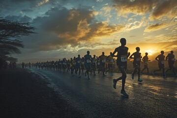 A Diverse Group of Runners Competing in a Marathon at Sunrise with Dramatic Sky and Atmospheric Conditions Creating an Inspiring Outdoor Scene