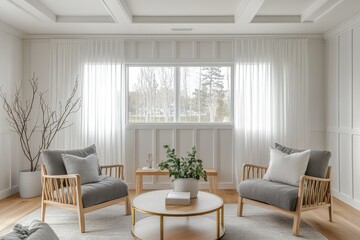 Minimalist living room Scandinavian design white walls with wainscoting