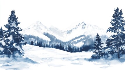 A serene winter landscape featuring snow-covered mountains and pine trees, ideal for use in editorial or commercial contexts