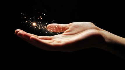 Hand holding sparkling five-star feedback concept for business success and customer satisfaction on dark background