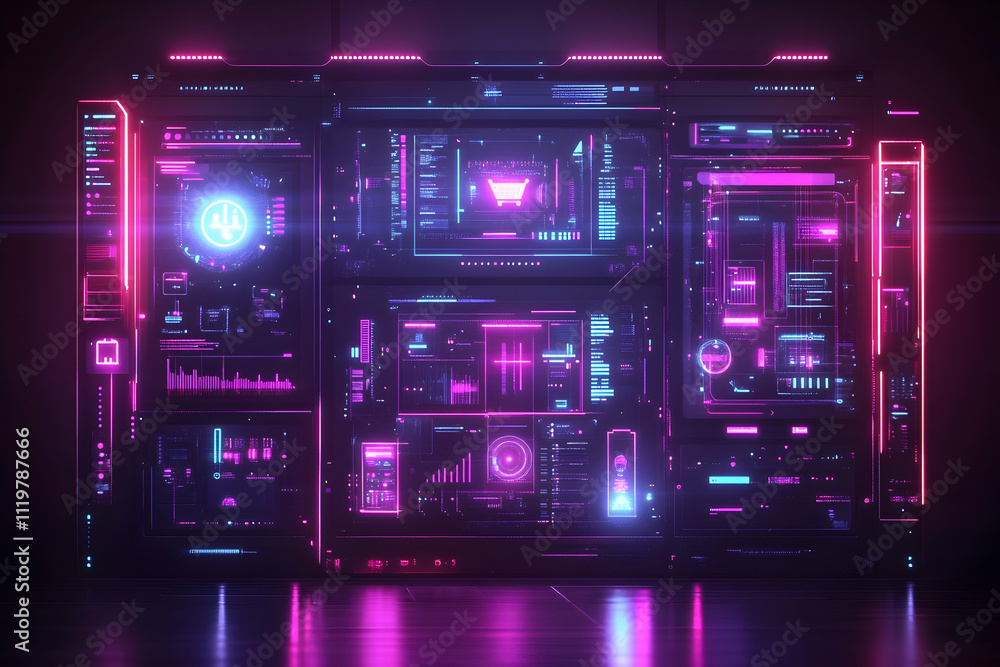 Poster futuristic neon interface with shopping cart icon, displaying data analytics and controls.