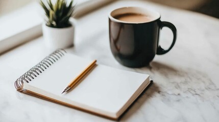 Modern minimalist desk with a sleek coffee mug, clean notebook, pencil, and pen, highlighting simplicity and productivity