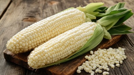 Fresh white corn on a wooden surface with husks and scattered kernels showcasing its natural texture and vibrant appearance.