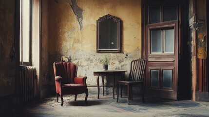 Abandoned interior featuring vintage armchair and wooden table with chairs in a weathered room ambiance