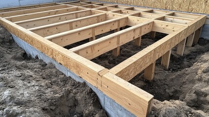 Obraz premium Engineered wood floor joists support a new home construction project above a crawl space on a foundation substrate.