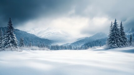 Fototapeta premium Serene Winter Landscape with Snow-Covered Pines and Dramatic Cloudy Sky in a Tranquil Mountain Setting