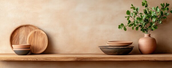 Warm Rustic Kitchen Design Wooden Shelves, Textured Walls, and Vintage Cookware create a Simple and Cozy Cooking Atmosphere Embrace the Charm of Farmhouse Style with this Image Featuring Earthy Tones