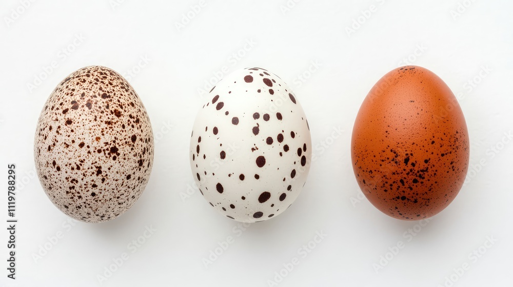 Poster three decorative easter eggs in various colors and patterns arranged neatly on a clean white backgro