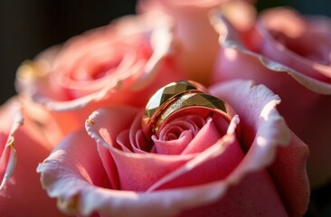 Two intertwined gold wedding rings resting atop a bouquet of fresh roses. Highlights details and textures for a highly realistic and emotional appeal.