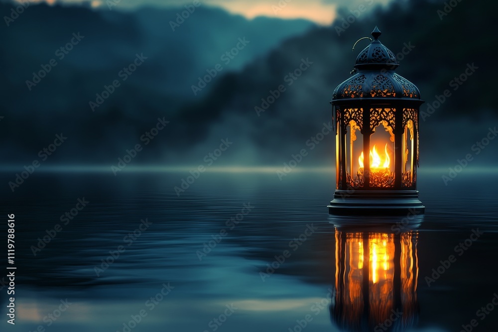 Poster serene lantern reflection over calm water at dusk with mystical mountains in background creating a t