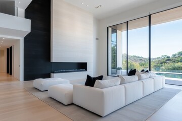 Fototapeta premium interior design, the airy living space with a comfortable white sofa and neutral stucco wall is ideal for cultivating your unique style