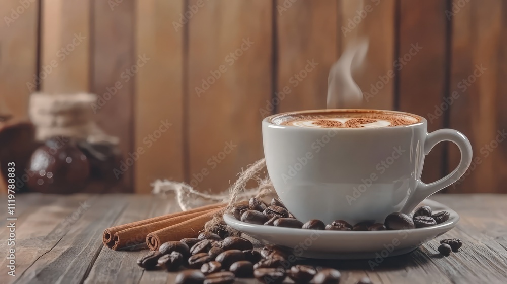 Poster steaming cup of coffee in the foreground with roasted coffee beans and a cinnamon stick on a rustic 