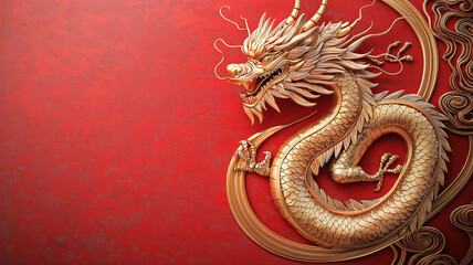 Obraz premium Year of the dragon celebration with gold dragon and curved circle design on red background