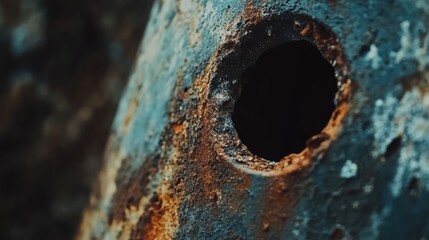 Rusty iron surface featuring a prominent hole showcasing intricate textures and aged deterioration in a close-up shot.