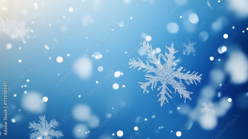 Poster abstract background with snowflakes and bokeh lights on a blue background. christmas concept. snowy 