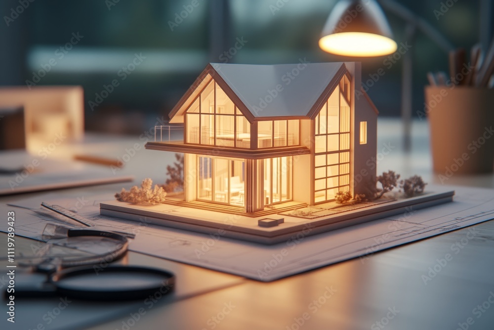 Poster modern architectural model of a stylish house with glowing lights, set on a desk surrounded by desig