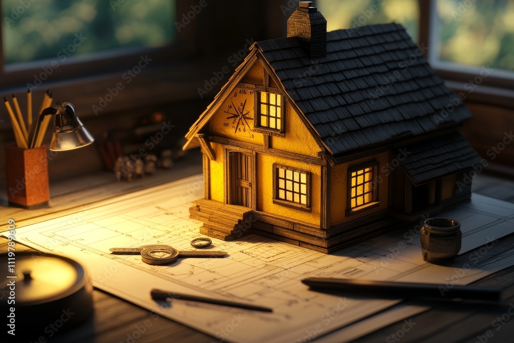 Poster cozy wooden house model on a desk with blueprints and drafting tools in a warm indoor setting illumi